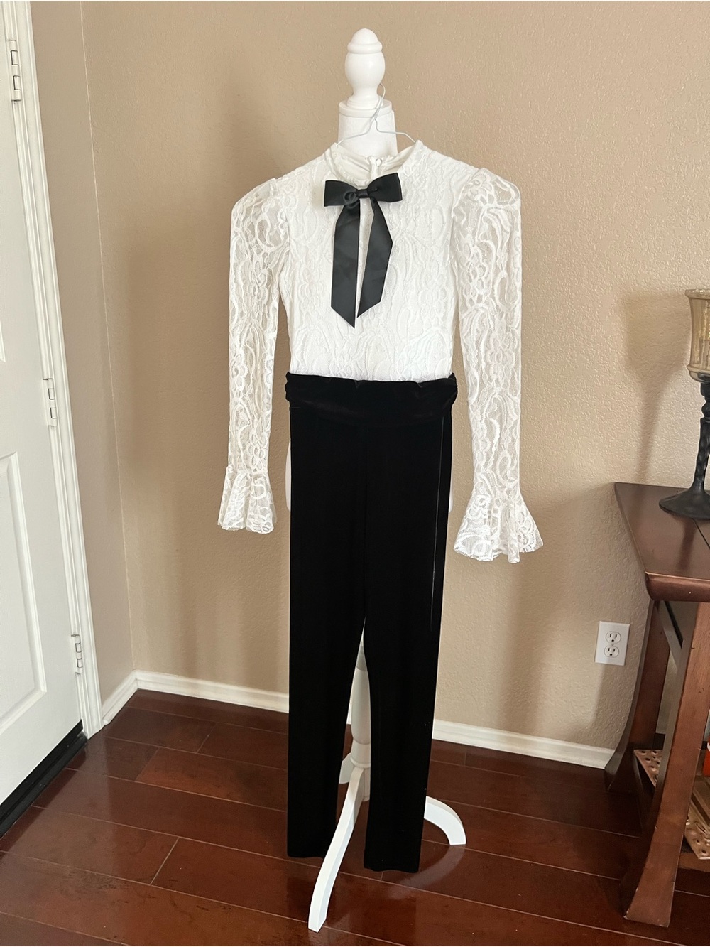 Kids Dance Costume Jumpsuit with White Lace Sparkle Top & Black Velvet Pants